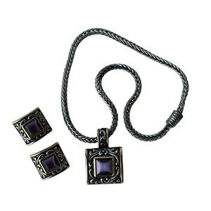 VTG Purple Optic Glass  Silver Plated Pendant Necklace Matching‎ Earrings 17"+